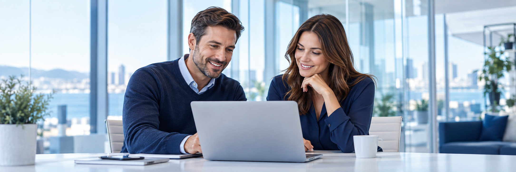 Two business professionals collaborating on a laptop in a bright modern office