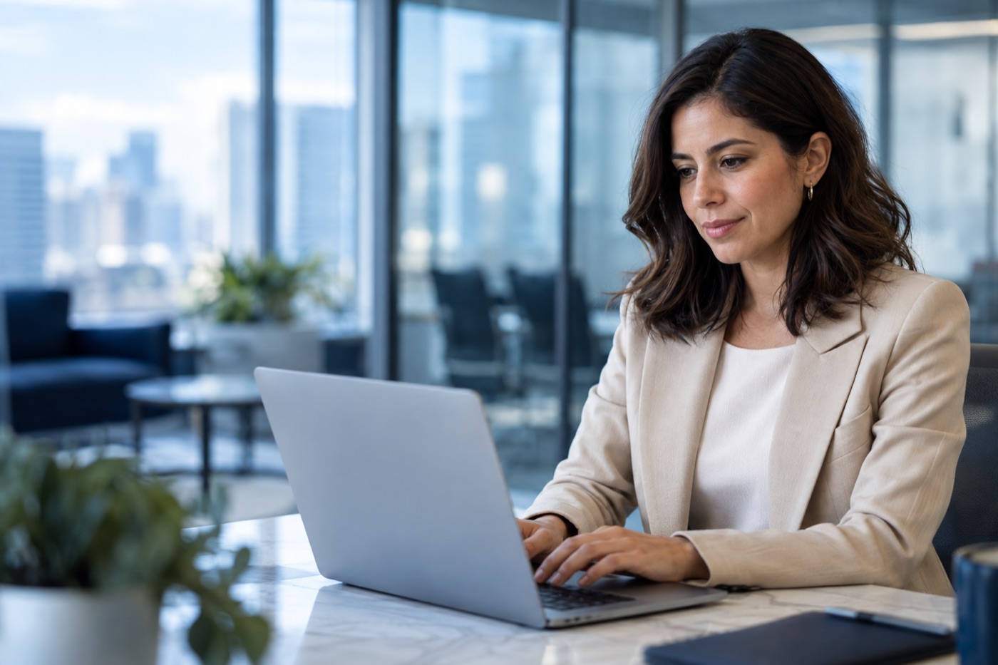 HR professional reviewing compensation documents on a laptop