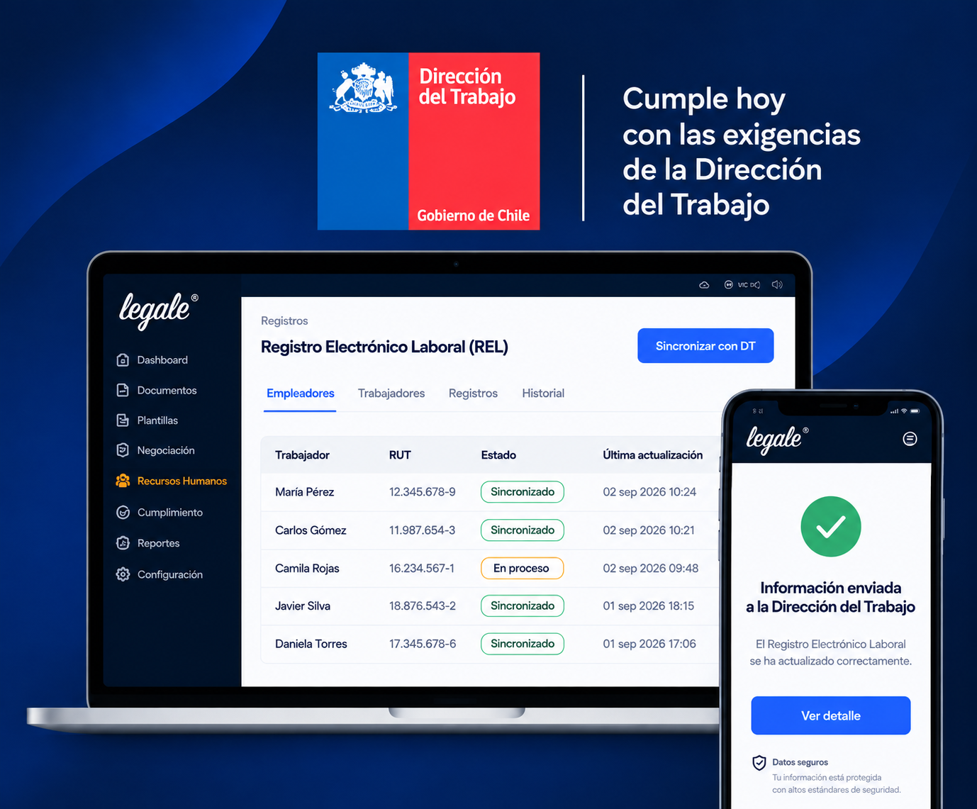 Legale Electronic Labor Registry on a computer and phone. Product interface shown in Spanish.