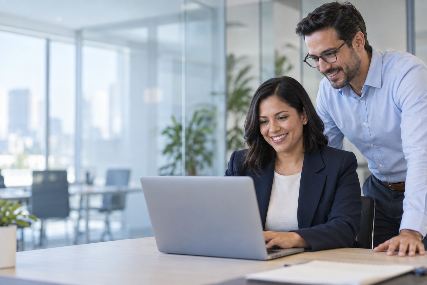 Two colleagues reviewing employee requests on a laptop