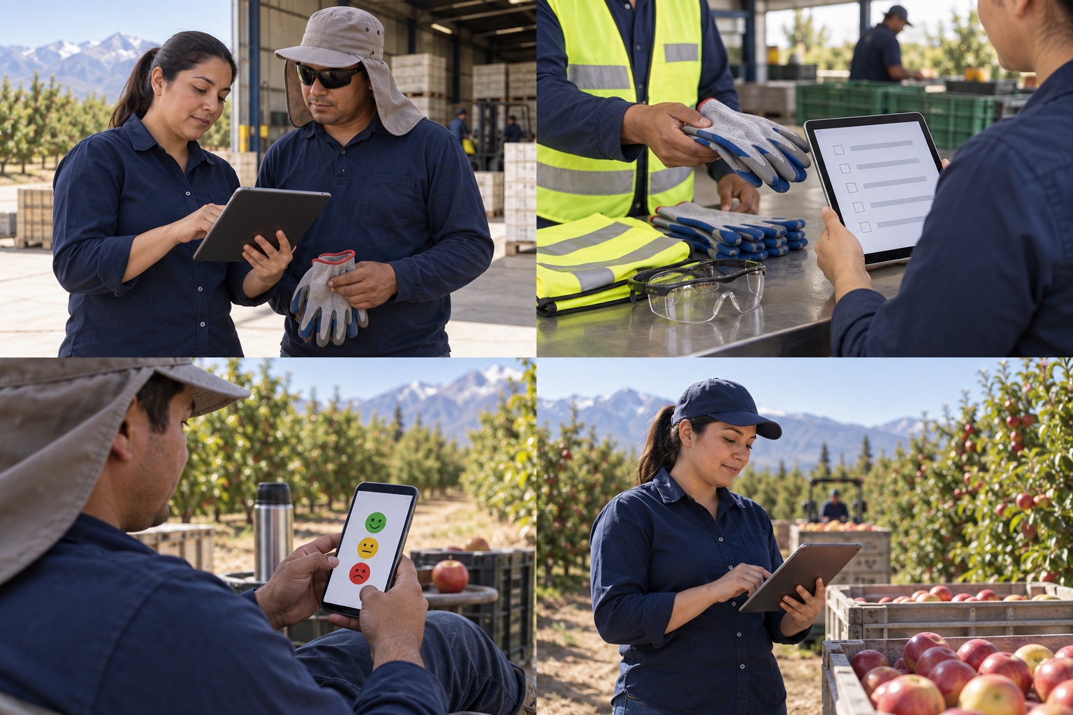 Field supervisor and agricultural worker reviewing a protective equipment record on a tablet