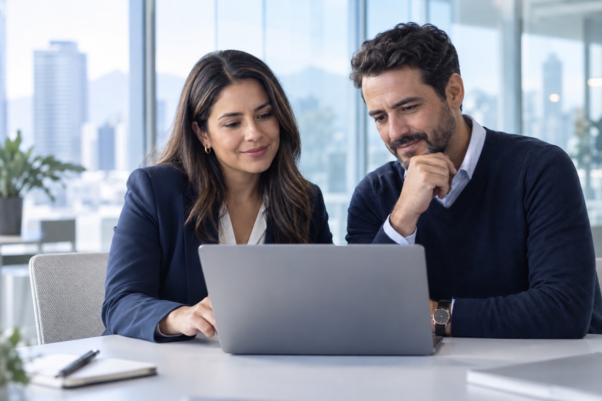 Two HR professionals reviewing employment documents together on a laptop