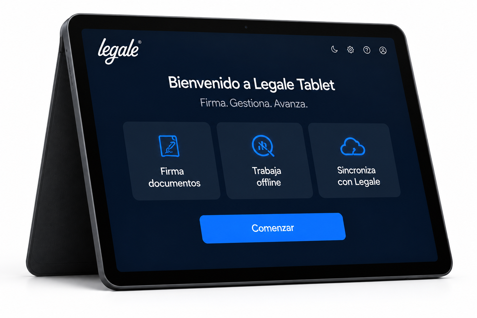 Legale Tablet welcome screen with signing, offline work and synchronization