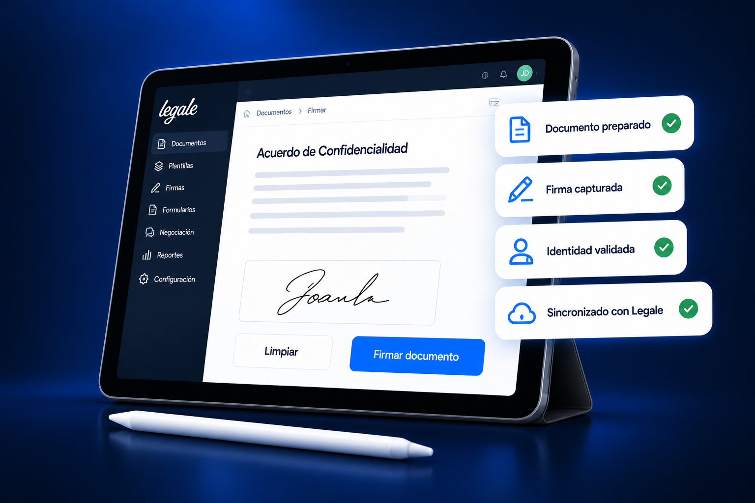 Legale Tablet with document signing screen and signature status cards
