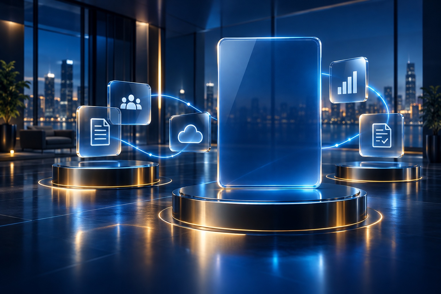 Cloud technology showroom with connected document, collaboration and analytics panels
