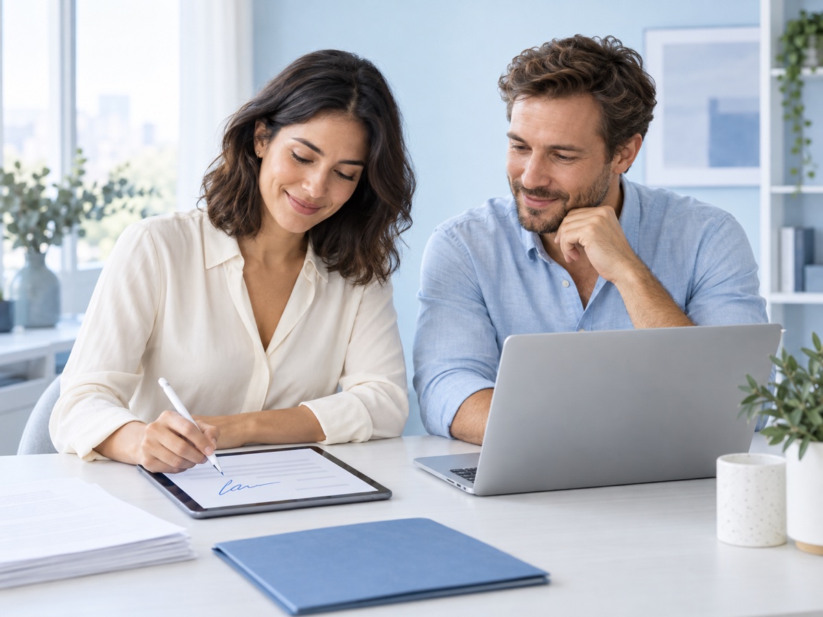 Two independent professionals reviewing and electronically signing a contract on a tablet