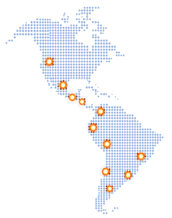 Dotted map of the Americas with Legale.io presence highlighted in thirteen countries