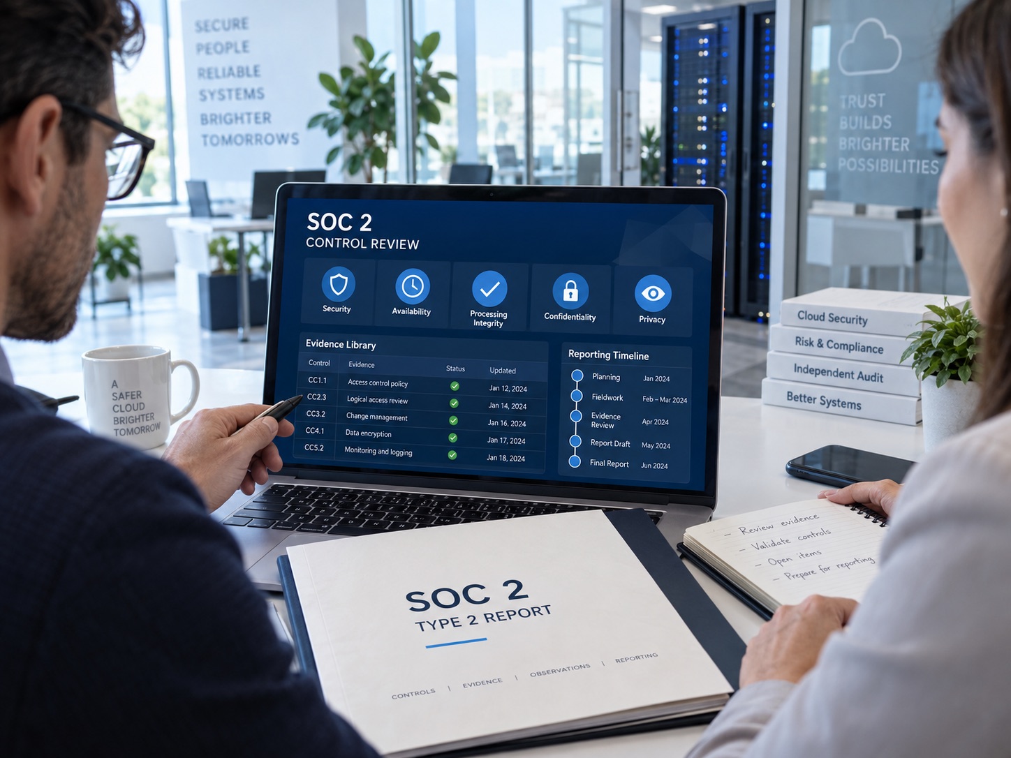 Illustrative SOC 2 control review with audit evidence, trust criteria and a Type 2 report